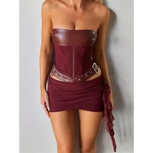 Two-piece Set Women's Solid Color Lace Up Corset Tube Top & Grommet Eyelet Decor Skirt, Fashion Casual Strapless Top & Ruched Skirt for Party Club Dating, Ladies Summer Clothes, Matching Clothing Set, Womenswear Suits Basic Gamis Burgundy Minimalist Shor