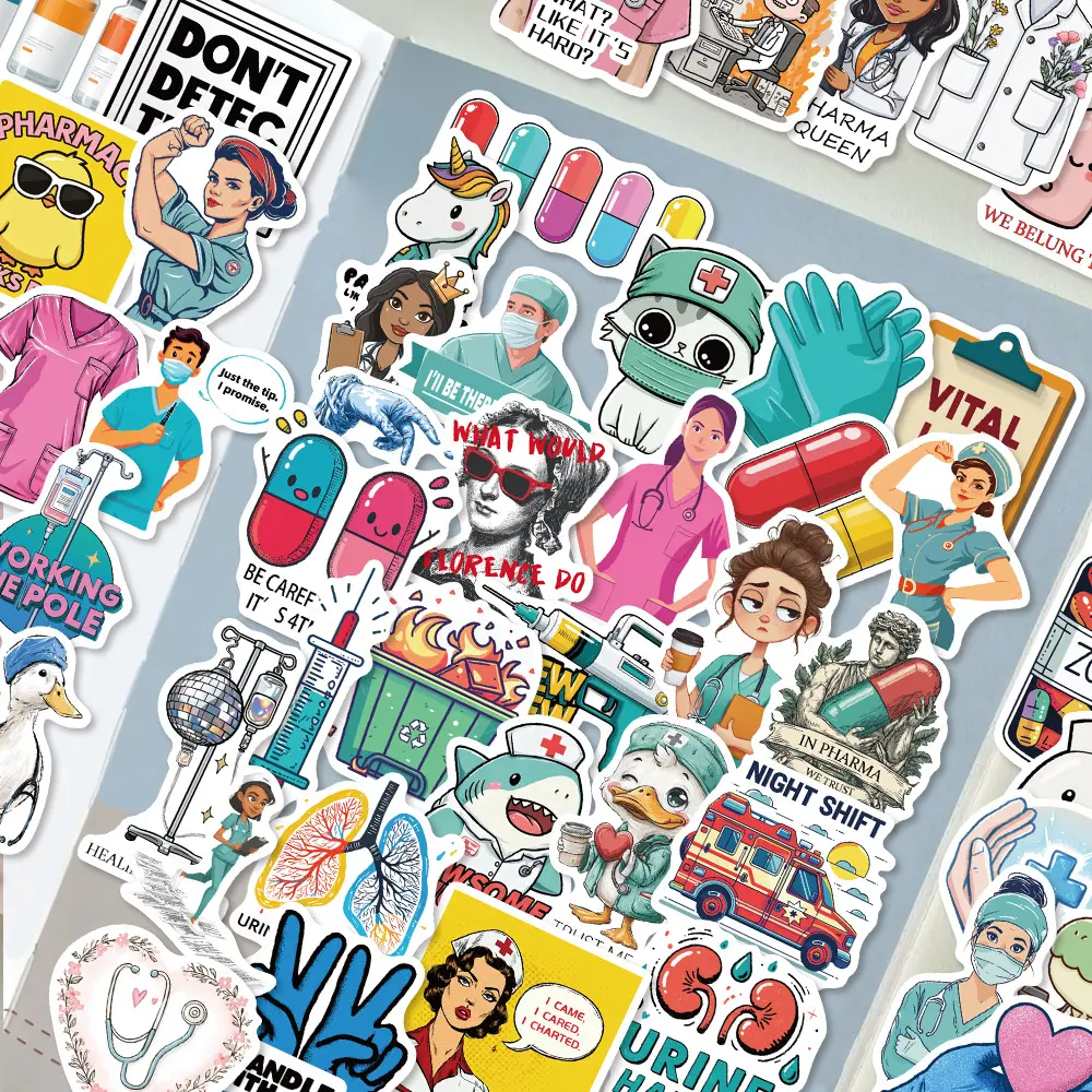 50 Pieces Nurse Series Graffiti Stickers, Waterproof Creative DIY Decorative Stickers Suitable for Luggage, Phone Cases, Laptops, Helmets and Skateboards