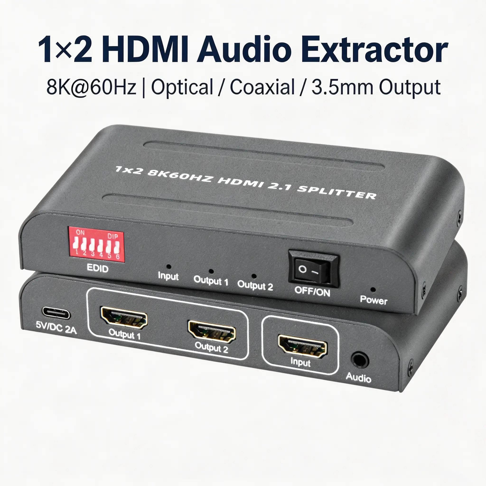 1x2 8K@60Hz HDMI 2.1 Audio Extractor Splitter with EDID & Power Switch (1 Input 2 Output HDMI Audio Separator), Local Stock
