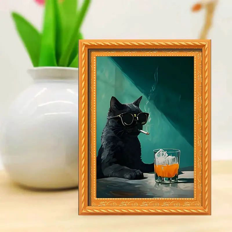Funny Cool Cat Frame Magnet, Decorative Fridge Magnets, Wearing Sunglasses Drinking Beverage, Fun Kitchen Decoration, Exclusive Gift for Cat Lovers, Refrigerator Decorating Magnets