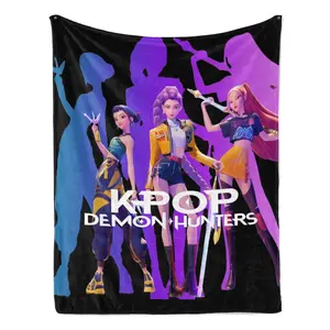 KPop Demon Hunters Girl Group Fleece Blanket, Neon Silhouette Print Throw, Cozy Black Background Blanket 30x40 40x50 50x60 60x80inch