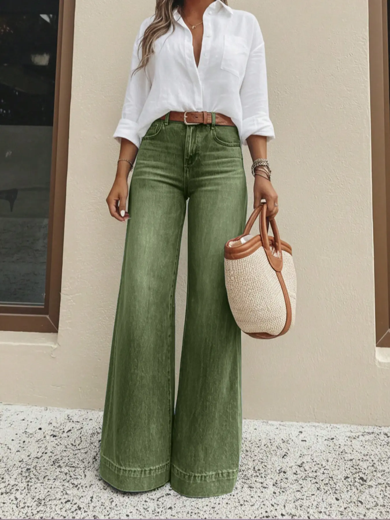 Women's High Waist Vintage Wash Wide Leg Jeans, Loose Drape Long Flared Denim Pants, American Casual Holiday Trousers
