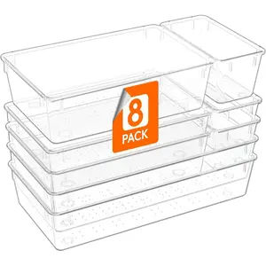 8 count Large Bathroom Drawer Organizers, 3 Sizes Clear Plastic Storage Organizer Trays for Make Up, Kitchen Utensils, Vanity Accessories in Bathroom/Office/Dresser Organization