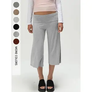 Women's Y2K Foldover Waist Crop Pants - Wide Leg Casual Lounge Capris, Soft Slimming Drape Trousers