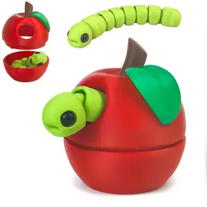 3D Printed Apple Container with Worm Flexi Inside,3D Printed Animals Toys,STEM Educational Toy for Nature Learning,Fun Sensory Fidget Toy for Kids, Unique Fun Decoration