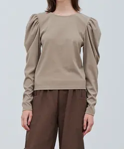 Shirring Sleeve Blouse - Polyester Spandex - Moss Grey