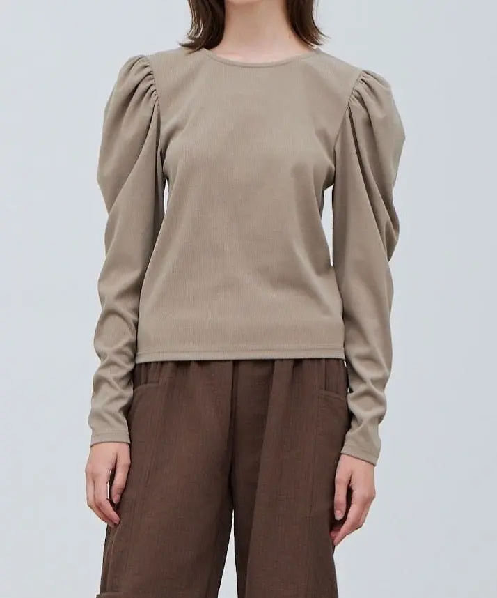 Shirring Sleeve Blouse - Polyester Spandex - Moss Grey