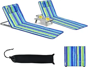 Beach Chairs, Folding Tanning Lounge Chairs with Table Set, Adjustable Patio Floor Chair, Outdoor Sunbath Chair with Desk, Pillow & Storage Bag for Outside, Patio, Poolside (Blue Stripe)