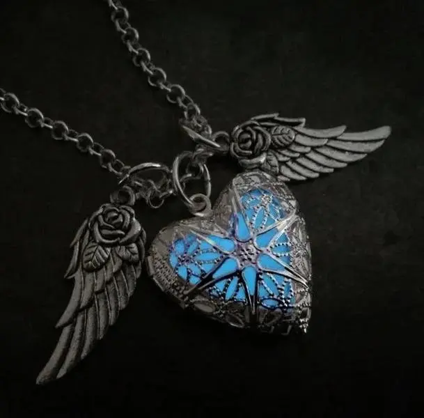 Glow in the Dark Gothic Heart Locket Necklace with Angel Wings – Vintage Jewelry
