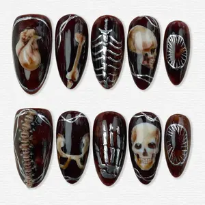 swish.nails Anatomy Bones Press-On Nails, 3D Skull, Spine & Skeleton Charms, Bone-Inspired Details, Dark Crimson Ombre, Handcrafted Horror Vibes, Creepy-Cute Statement Nail Art, Perfect for Halloween, Custom Handmade for Edgy Looks