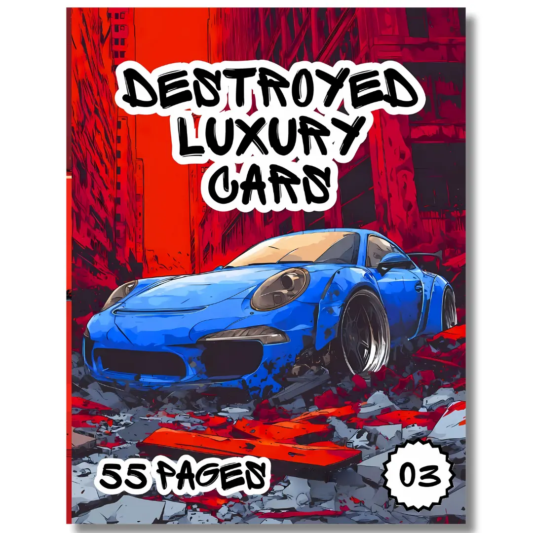 Destroyed Luxury Cars Coloring Book - Softcover, 55 Pages of Wrecked Supercars & Exotic Vehicles, Bold Line Art with Graffiti Background, Single-Sided Designs, 8.5 x 11-in/A4 English Book, Gift for Car Fans (Kids, Teens)