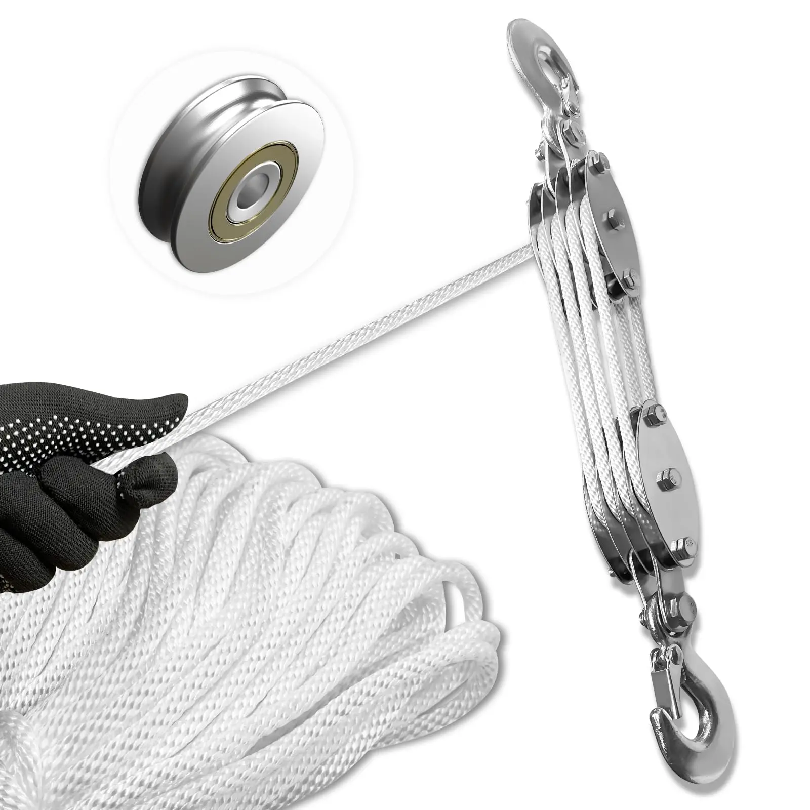 Block And Tackle Pulley System  Upgraded 4-wheel Rope Hoist 8:1 Lifting Power 2200lb Work Load With 65ft Of 1/4" Ultra-compact For Garage Heavy