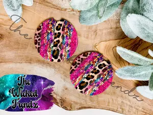 Cute Car Coasters Set of 2 Pink Sequin Leopard Print Glitter Cute Car Truck Accessories Decor Cup Holder New Car Gift Car Decoration Women Girl Car