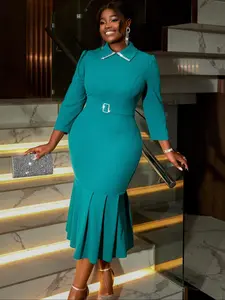 【Plus Size】 Rhinestone Decor Zipper Back Evening Dress, Formal Wear, Elegant Classy Flattering, Elegant Chic Long Sleeve Collared Dress for Party & Banquet, Women's Clothes for All Seasons, Womenswear