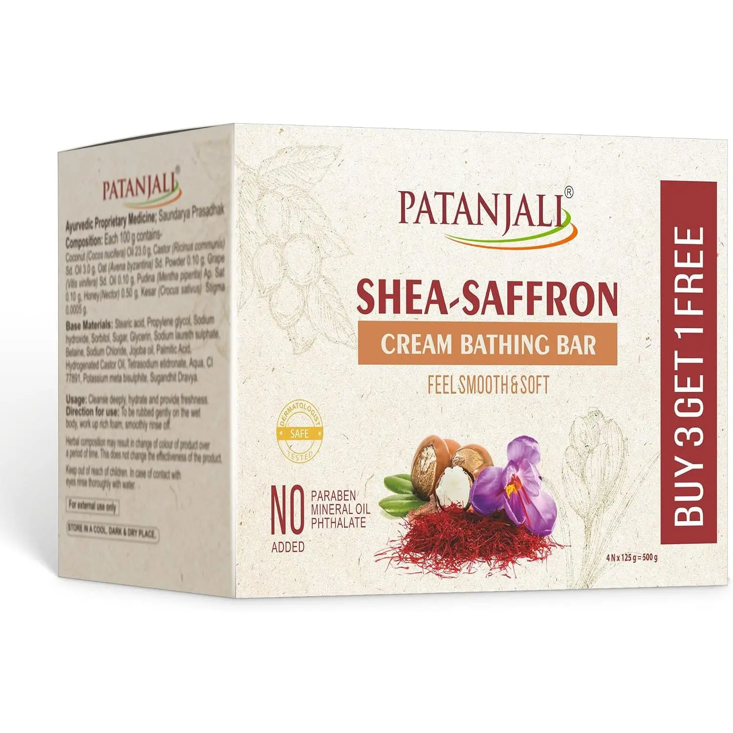 Patanjali Shea & Saffron Moisturizing Body Soap Bar, 125g - Gentle, Smooth Daily Body Care Cleansing Bar (Pack of 4), Moisturize