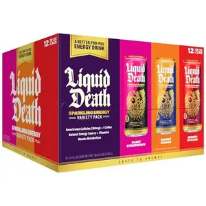 Death Sparkling Variety Pack, Zero Sugar Drink, Unextreme Caffeine 100mg, Essential Vitamins, 3 Flavors: Strawberry, Orange, and Murder Mystery, 12 Fl Oz (Pack of 12)