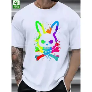 Men's Colored Skull Rabbit Printed Cotton T-Shirt - Soft, Breathable, Stylish for Outdoor Summer Wear Streetwear White Crewneck Top
