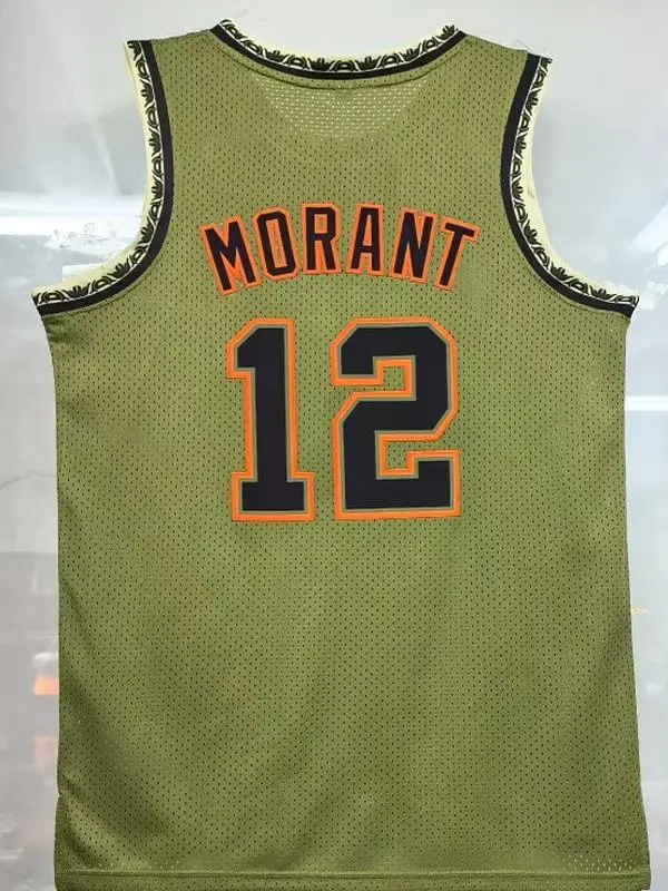 Morant Number 12 Basketball Jersey Men Olive Green Sleeveless Mesh Tank Top Decorative Trim Fan Sports Vest Streetwear Shirt
