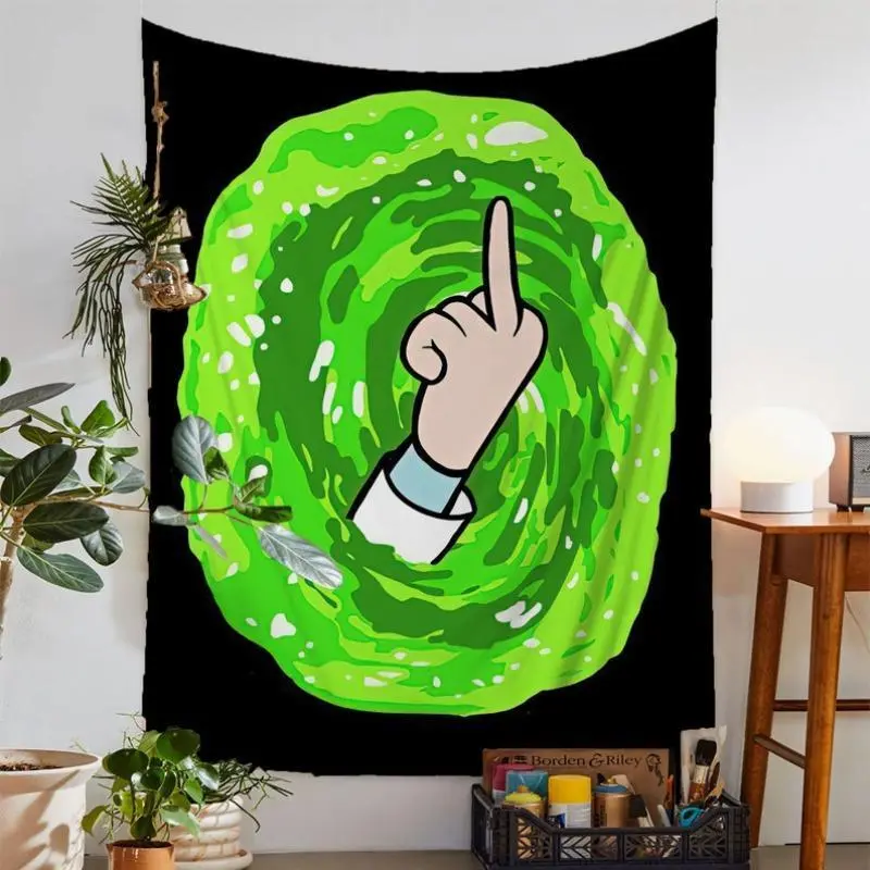 Rick and Morty Portal Middle Finger Polyester Tapestry - Lightweight Anime Meme Wall Hanging, Adult Swim Aesthetic Room Art for Bedroom Decor, Bohemian Style Banner