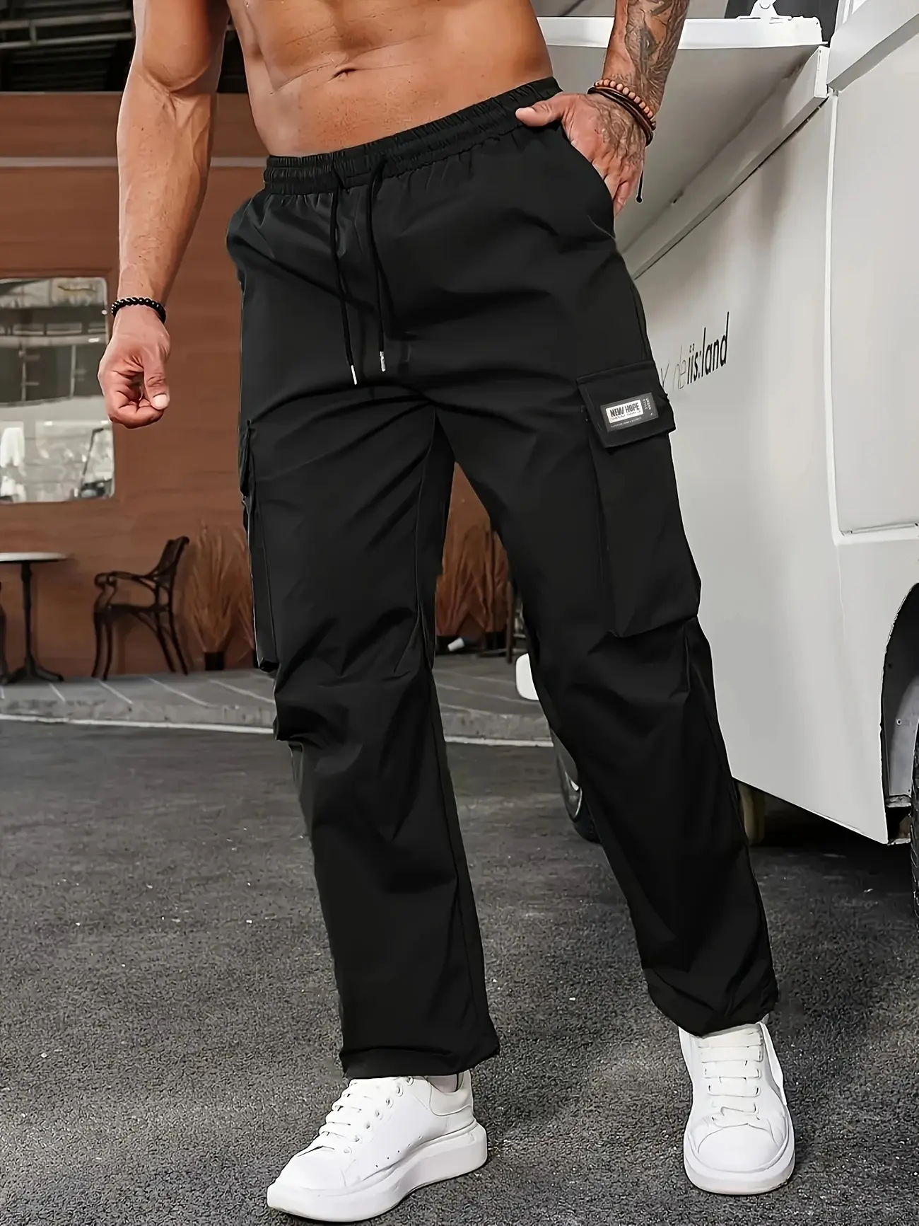 Men's Black Straight Leg Cargo Pants with Flap Pockets - Stretch Lightweight Utility Trousers with Drawstring Waist, Casual Streetwear Bottoms, Minimalist Accent Detail, S-2XL, Fast US Shipping #BlackCargoPants #UtilityStyle #TikTokMadeMeBuyIt