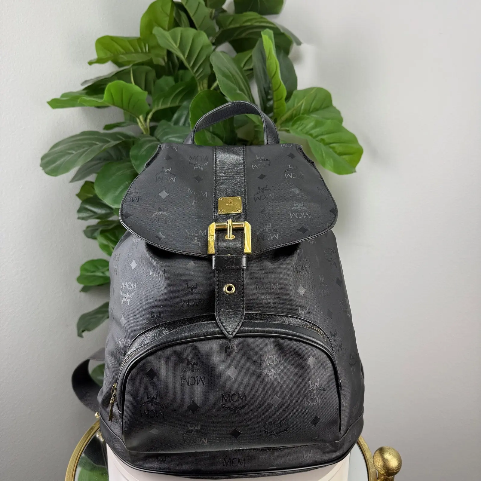 Pre-owned Visetos monogram nylon, black leather trim Backpacks Authentic MCM Backpack Visetos Monogram Nylon, Black Leather Trim, Black Gold Hardware, Nylon Trim