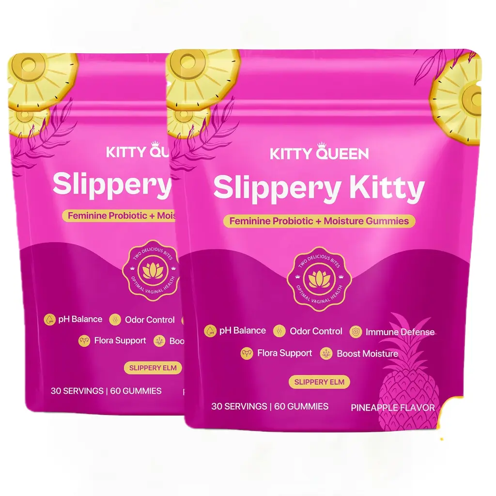 Feminine Intimate Probiotic Moisture Gummies 2 Pack | Pineapple Flavor 2B CFU Bacillus Coagulans Slippery Elm Vegan Daily Women Wellness Gummy 60 Count Per Bag