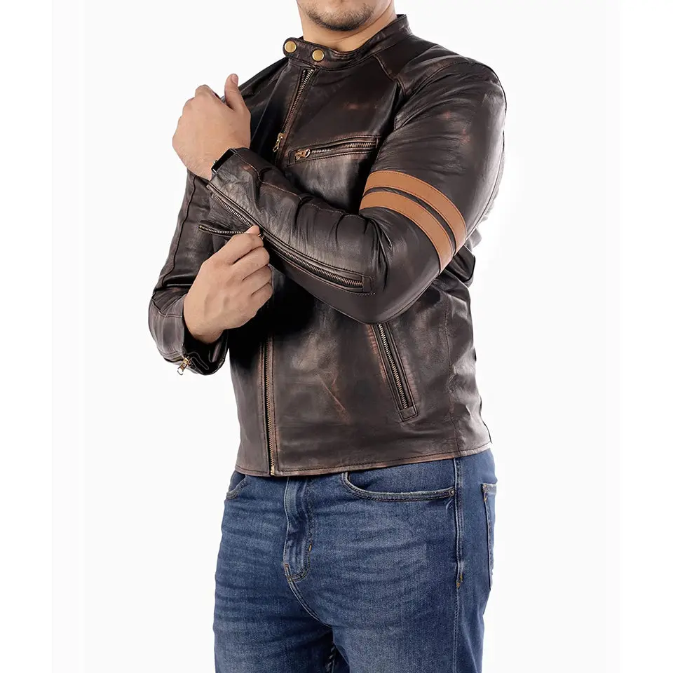 Men's Distressed Brown Cafe Racer Leather Jacket