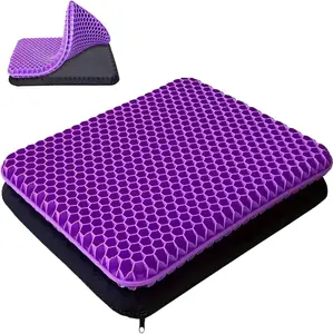 Gel Seat Cushion for Long Sitting - Double Thick Honeycomb Design, 16.5x14x1.5inch, Non-Slip Cover, Sciatica Pain Relief, Office Chair, Car, Wheelchair, Travel, Machine-Washable, Ergonomic, Cool & Comfortable