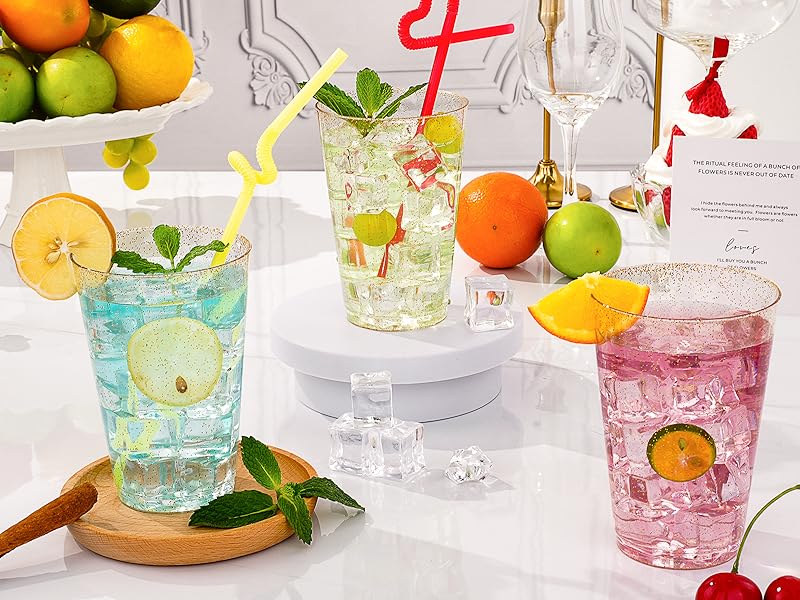 Assorted Sizes 9oz-14oz Gold Glitter Plastic Cups 50 PCS, Disposable Glitter Cups, Elegant Plastic Cocktail Glasses, Fancy Party Cups for Wedding, Birthday, Holiday