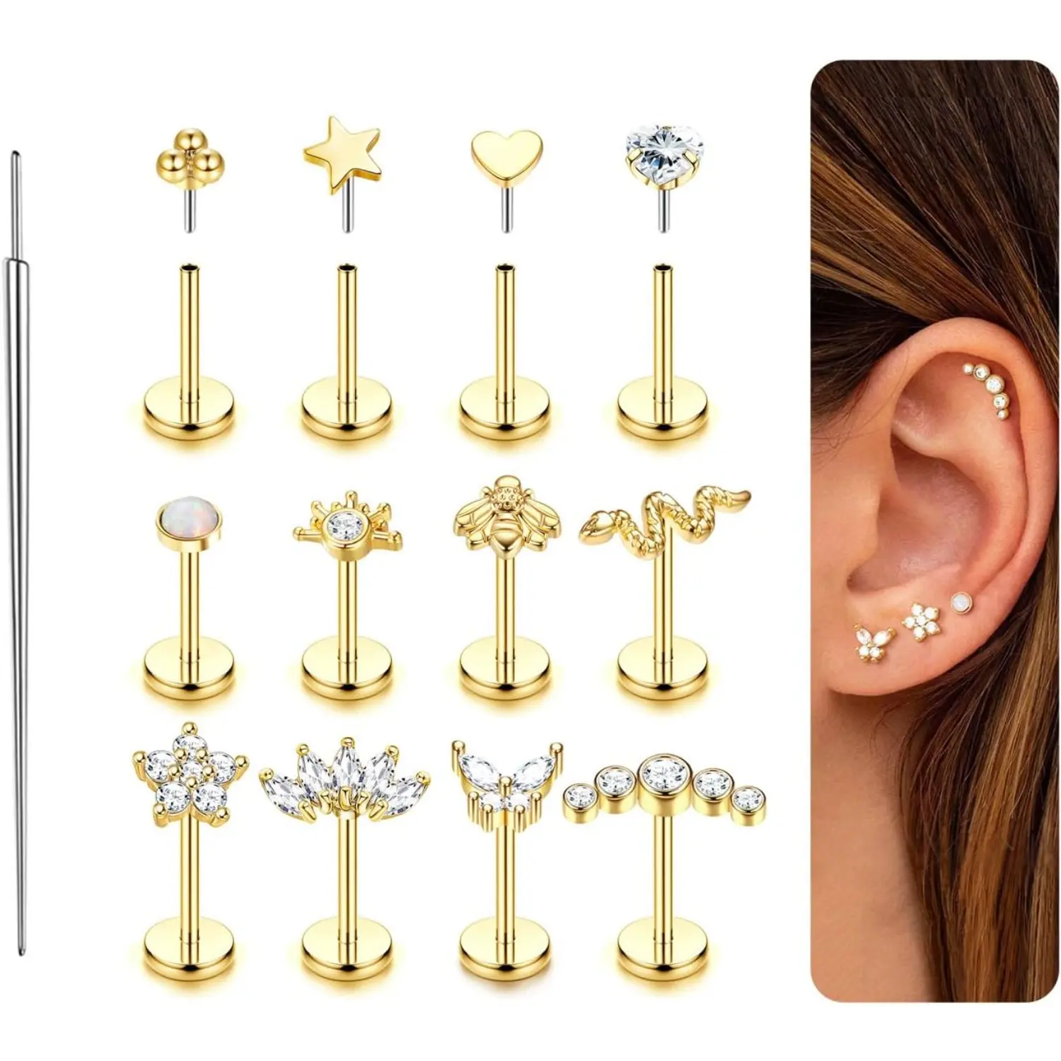 Trendy Push in Stud Earrings, 20G 18G Flat Back Earrings,Hypoallergenic Threadless Stud Multi-Pack, 14K Gold Plated 316L Surgical Steel Earring Sets, Push-in Cartilage Helix Tragus Nose Piercing Jewelry for Women Unique Designs Multiple Shapes