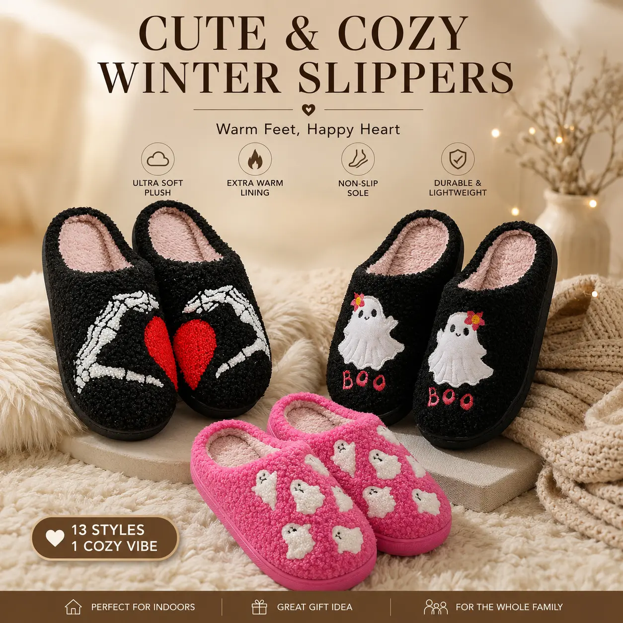 Men Women Christmas Cozy Fluffy Cotton Slippers, Memory Foam Cushioned Warm Indoor House Footwear for Winter