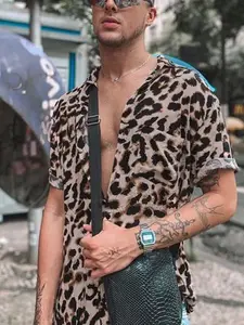 INCERUN Men's Fashion Casual Stylish Leopard Print Short Sleeve Pocket Shirt, Top, Menswear, Perfect for Summer Daily Wear, Trendy Wild Style for Everyday