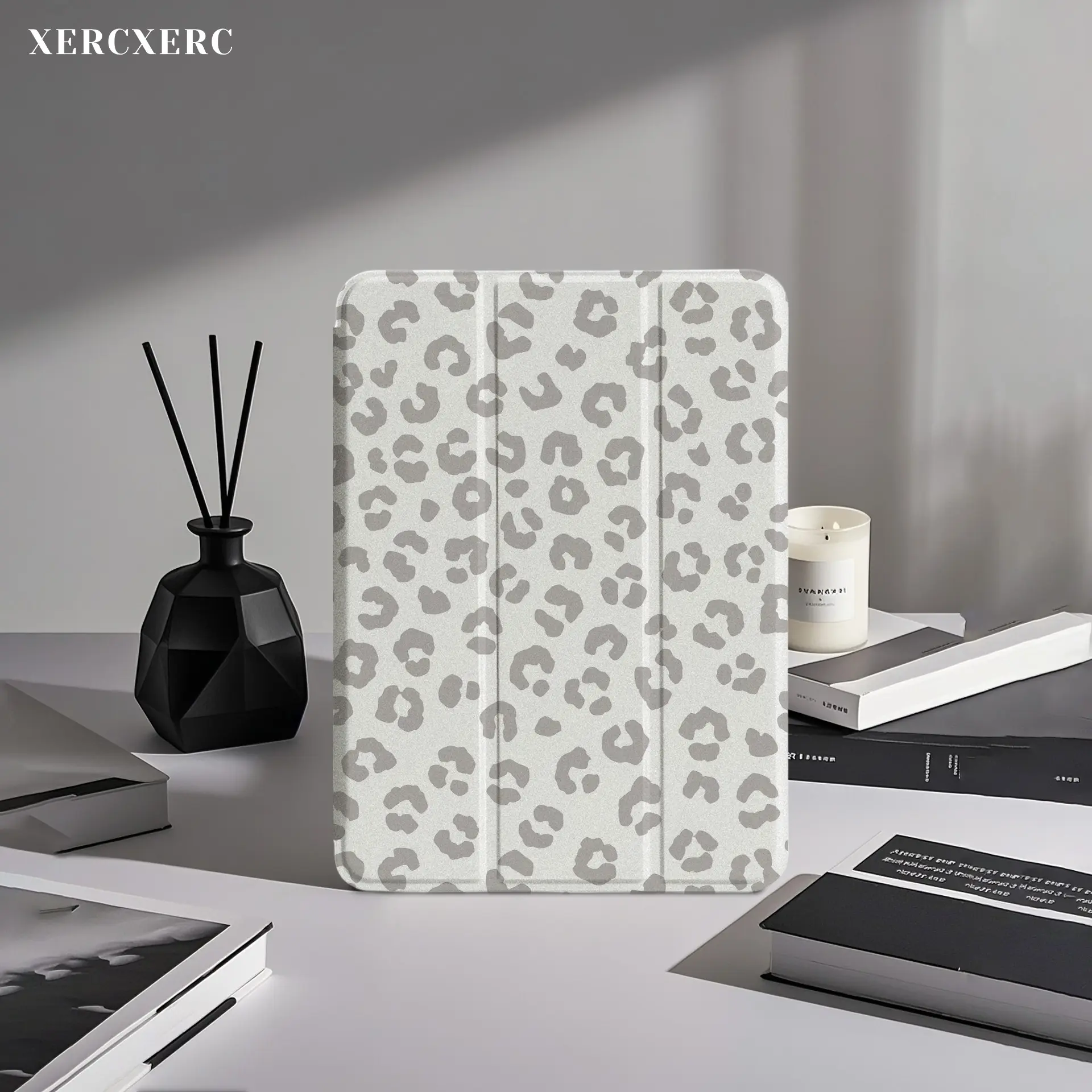 iPad case ipad accessories Gray Leopard Print PU Flip iPad Case with TPU Shell, 3 - Fold Stand, Pencil Holder, Shockproof Auto Wake/Sleep for iPad Air 11inch, a16, 9th/10th/11th Gen, Fall, Back to School, Gift