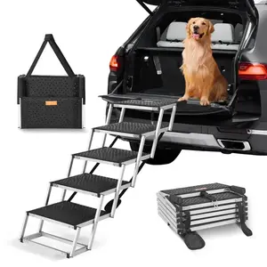 5-Step Folding Dog Steps with Non-Slip Surface ，Heavy-Duty Dog Car Steps, Non-Slip Aluminum Dog Ramp, Portable Pet Ladder with Carry Bag