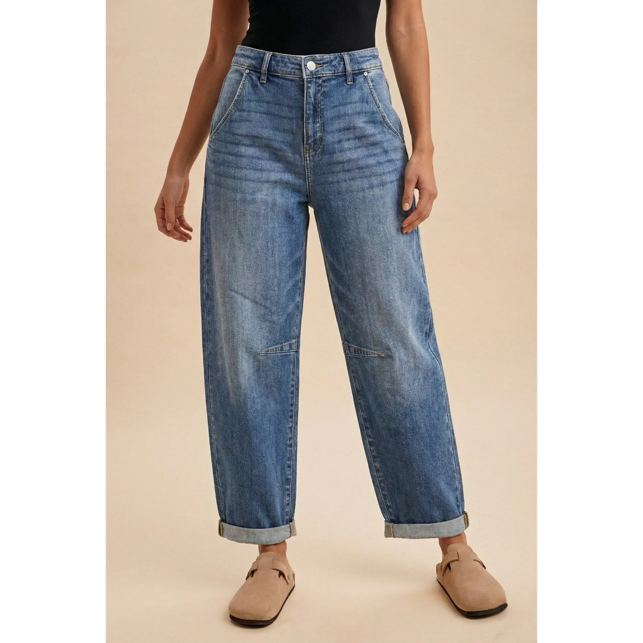 Women's Barrel Jeans in Casual Loose-Fitting Stretch Denim, Vintage Washed with Seamed Knees and Roll-Up Cuffs, 5 Pockets, Roll-Up Cuffed Hem