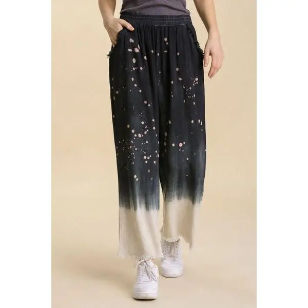 Raw Hem Linen Blend Bleach Dip Dye Wide Leg Pants