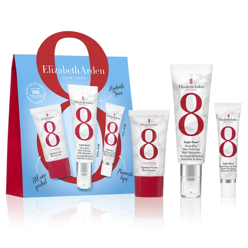 Elizabeth Arden Eight Hour Starter Kit 3 Piece Gift Set | Hydrated Smoother Skin with Skin Protectant, HydraPlay Daily Moisturizer, & Nourishing Lip Balm with SPF 20