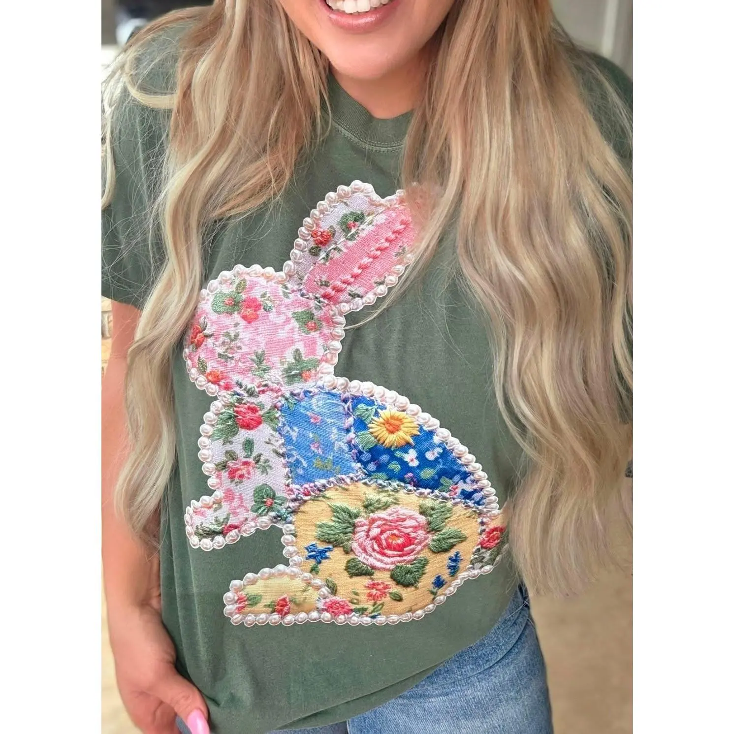 Floral Pearl faux Patchwork Bunny Comfort Colors Tee