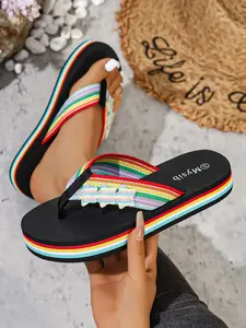 Rainbow Stripe Thick Sole Sandals for Women, Summer Platform Flip Flops, Outdoor Anti-Slip Casual Beach Shoes, Comfortable and Stylish