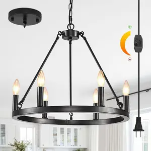 6 Lights DIMMABLE Plug in Wagon Wheel Chandelier, 20.5" Black Round Hanging Lights Fixture with Long Cord, Farmhouse Rustic Pendant Light, Height Adjustable Outdoor Ceiling Lights for Entryway