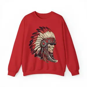 Indian Skull Sweatshirt, Motorcycle fire core, Vintage Indian Mascot Racer Sweater, Ideal Gift for a Biker, Indian Feathers Native American, Unisex Heavy Blend™ Crewneck Sweatshirt