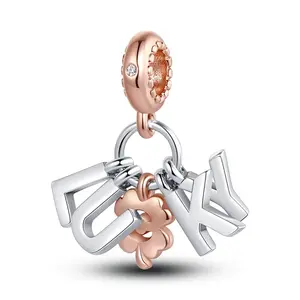MULA S925 Silver and Rose Gold Plated "LUKY" Letter Pendant with CZ Decoration and Four Leaf Clover - Matches with Pandora Bracelets and Necklaces, Lucky Gift for Women, Teens and Girls
