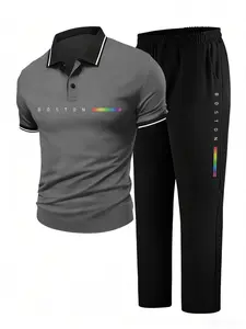 Men's 2-Piece Boston Print Polo Tracksuit - Grey Short Sleeve Polo Shirt, Black Pants, Athleisure Activewear Set, Casual Sport Set for Streetwear