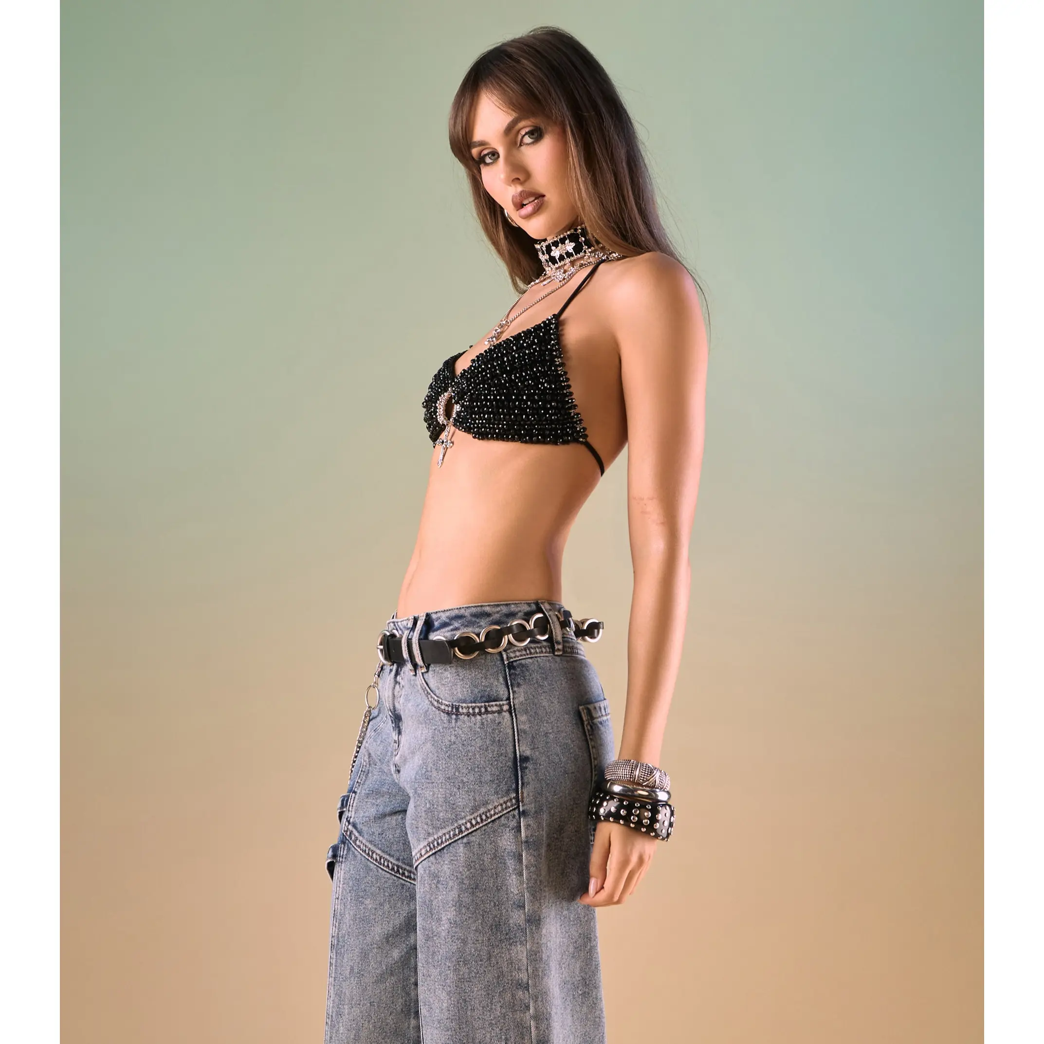 Daring Chic Cross Charm Beaded Bra Top