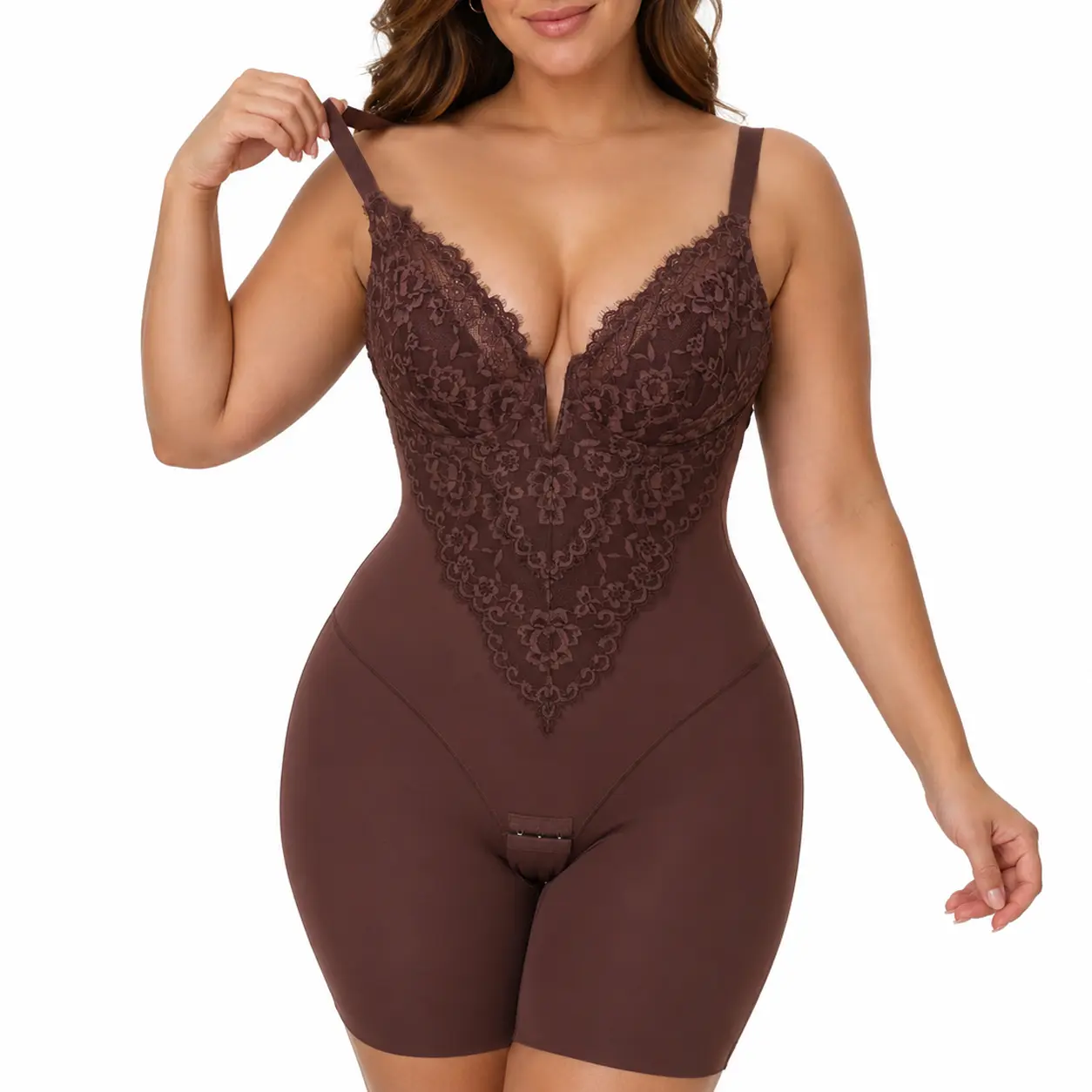 COOSHAPE Women's Seamless Lace Shapewear Bodysuit - Deep V Neck, Low Back, Tummy Smoothing, Butt Lifter, Mid-Thigh Corset Shorts for Christmas, Wedding, Thanksgiving, Valentine's Day, Valentines Day, Seamless Bodysuit, Bridal Lingerie, Abdominal Firming S