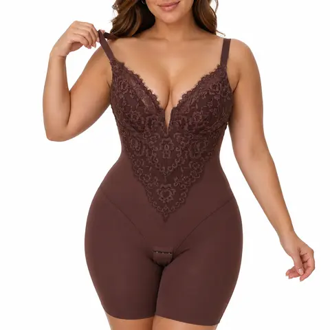 COOSHAPE Women's Seamless Lace Shapewear Bodysuit - Deep V Neck, Low Back, Tummy Smoothing, Butt Lifter, Mid-Thigh Corset Shorts for Christmas, Wedding, Thanksgiving, Valentine's Day, Valentines Day, Seamless Bodysuit, Bridal Lingerie, Abdominal Firming S