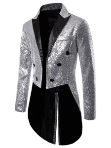 Men's Sequined Tailcoat, Shiny Round Sequins Long Tailcoat, Perfect for Wedding Banquet Stage Performance Band Show Holiday Celebration