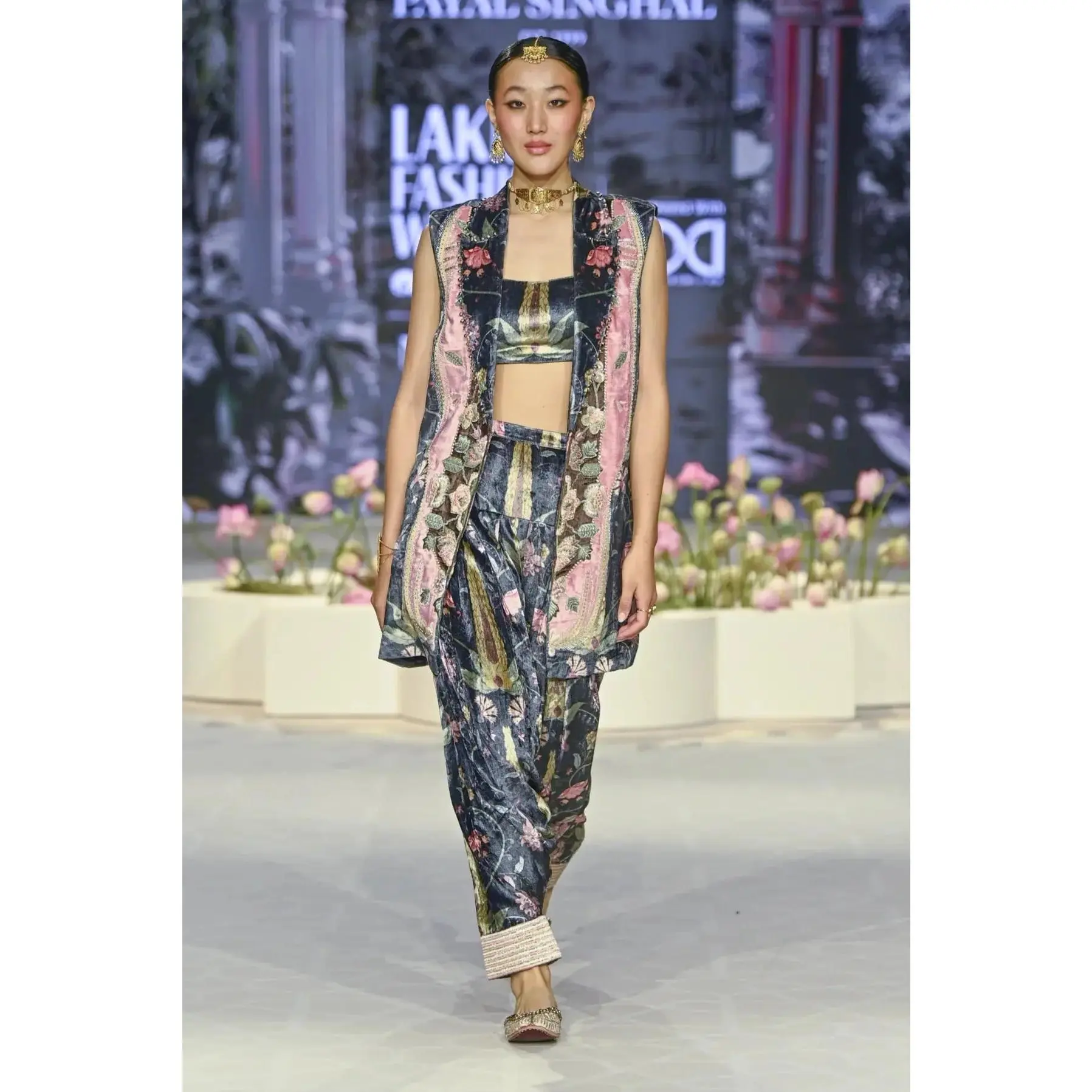 Black printed embroidered blazer with bustier and patiala salwar
