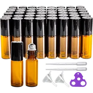 50 PCS 5ml Amber Roller Bottle,Oil Sample Vials with Stainless Roller Ball,Black Caps,for Travel Perfume Cosmetics Small Container(2 Funnels, 2 Dropper, 1 Opener) (5ml)