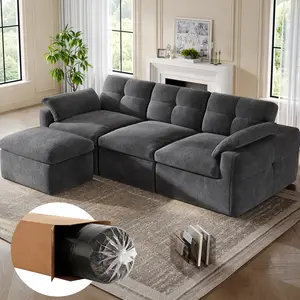 [1 or 2 Package Shipping] Loveseat, 3 Seater 111.4" Boneless Couch L-Shaped Oversize Cloud Sofa Couch with Deep Seat & 5 Pillows, Chenille Fabric Comfy Modular Sectional Sofa for Living Room, No Assembly Required, 48-Hour Full Expansion, Black, White
